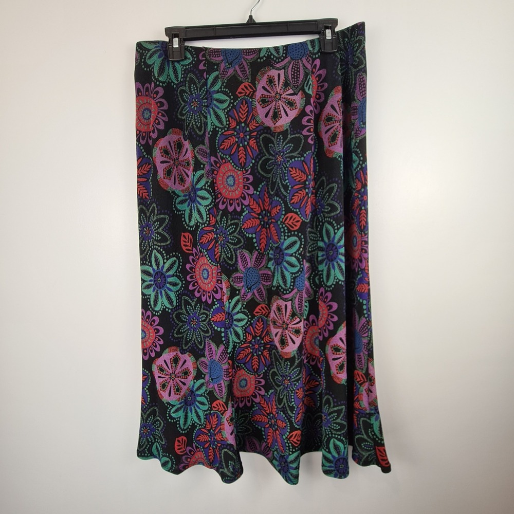 Choices Vintage 90s Floral‎ Midi Skirt L Black Purple Pink Psychedelic Stretch